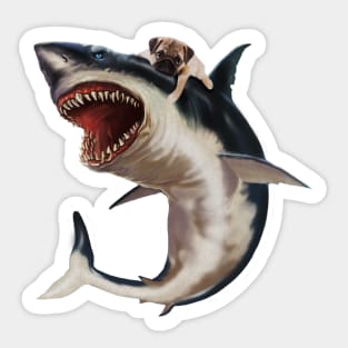 Funny Pug Dog Riding a Shark, Pug Lover Sticker